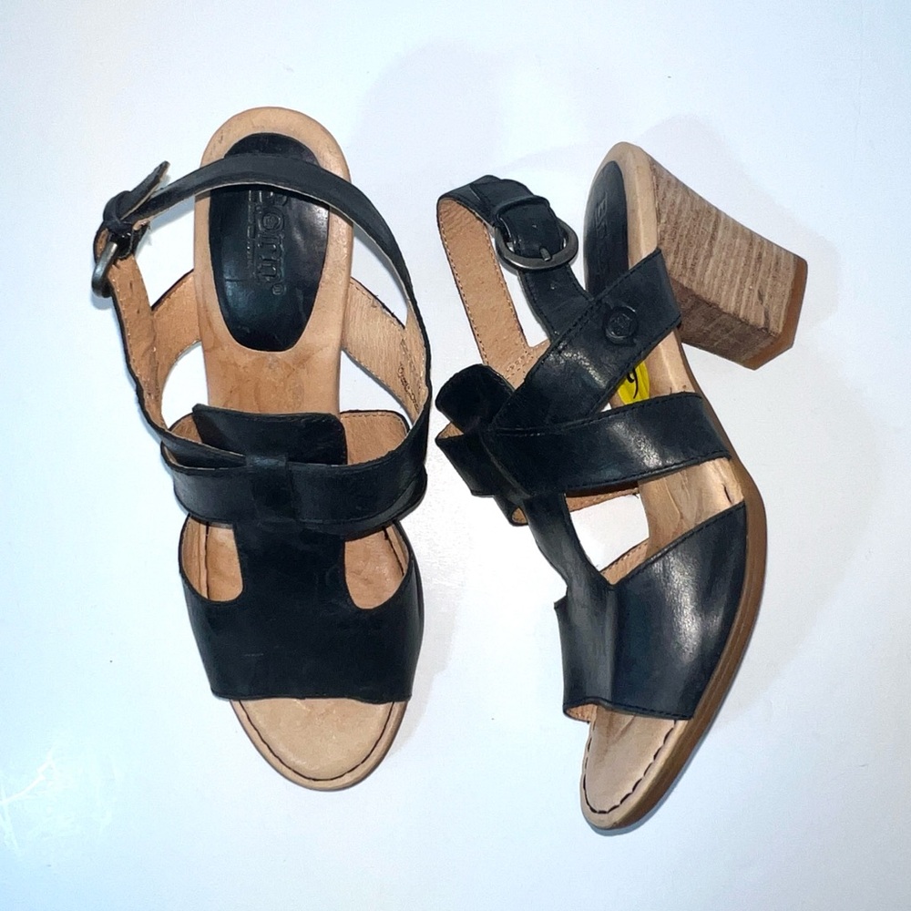 Born Leather‎ Comfy Elegant Sandal Black Stacked Heel Sz 9